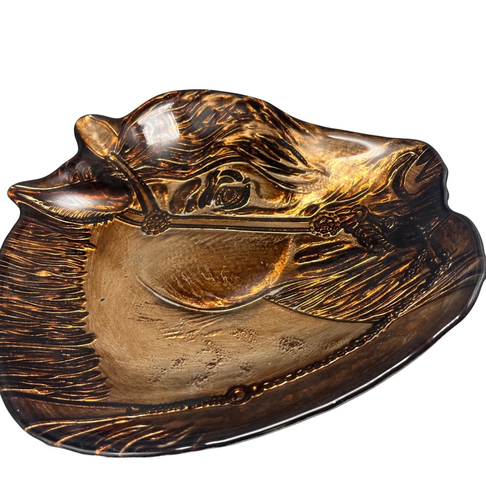Vintage  Horse Head equestrian Decor Plate, Dish, Ashtray Amber glass‎